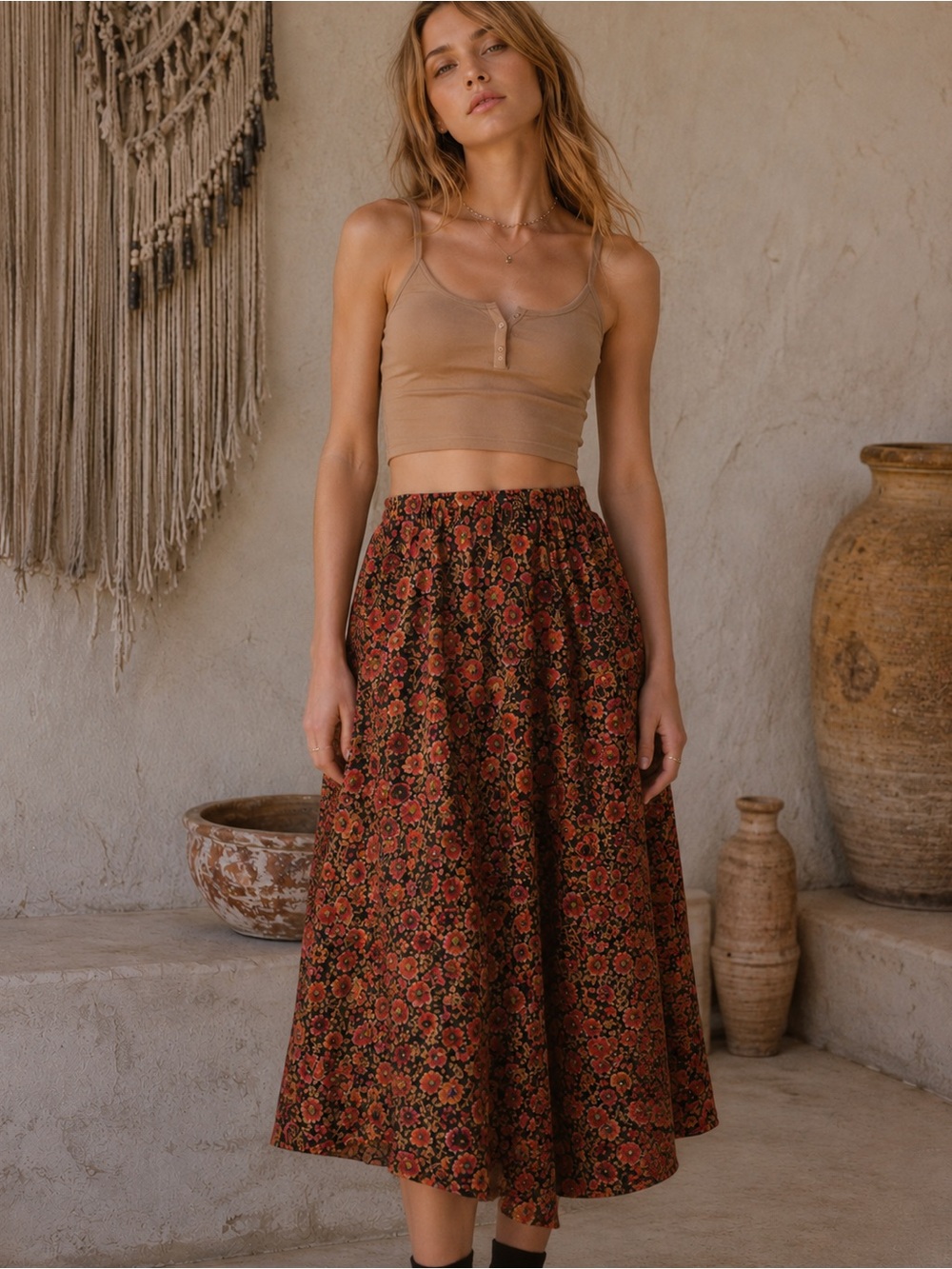 Vintage 80’s Leslie Fay Red Floral Rose Print Elastic Waist Skirt Size 8